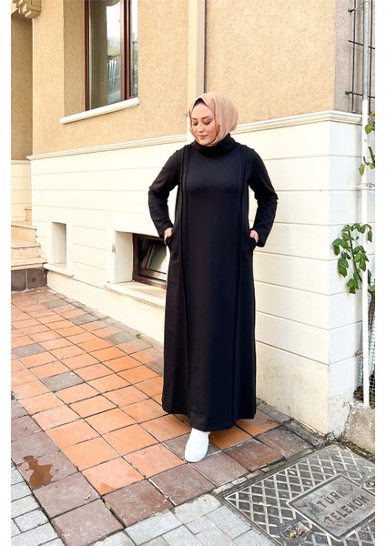 İkili Uzun Nevrül Detaylı Boğazlı Sade Basic Uzun Büyük Beden Spor Elbise - 12027 - Siyah
