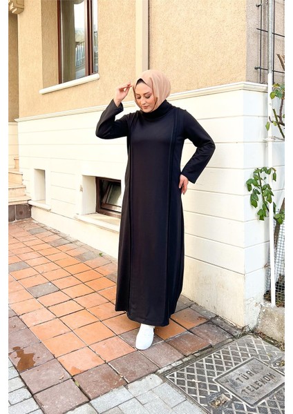 İkili Uzun Nevrül Detaylı Boğazlı Sade Basic Uzun Büyük Beden Spor Elbise - 12027 - Siyah modelleri
