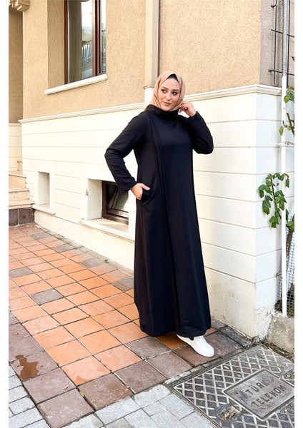 İkili Uzun Nevrül Detaylı Boğazlı Sade Basic Uzun Büyük Beden Spor Elbise - 12027 - Siyah indirimleri