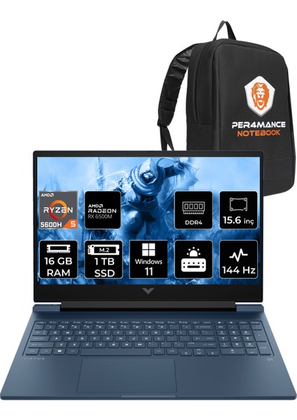 Victus 15 AMD Ryzen 5 5600H 16GB 1TB SSD RX6500M 144Hz 15.6'' FHD W11H Taşınabilir Bilgisayar & PER4 Çanta 7N9G7EAPN384