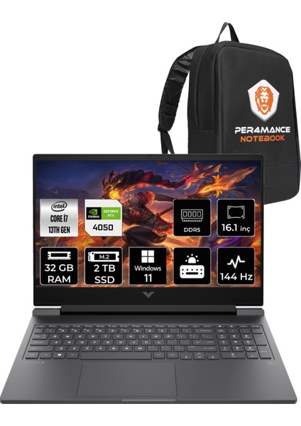 Victus 16 Intel Core i7 13700H 32GB 2TB SSD RTX4050/6GB 16.1" FHD 144Hz W11P Taşınabilir Bilgisayar & PER4 Çanta 7P643EAPN418