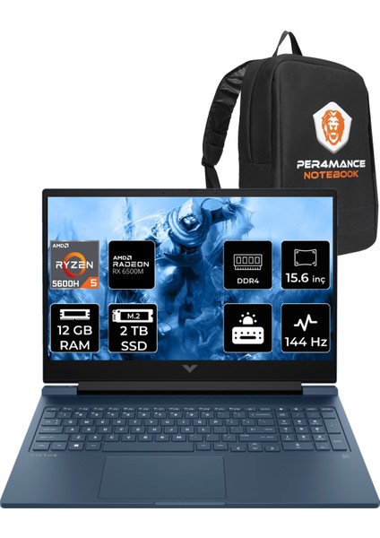 Victus 15 AMD Ryzen 5 5600H 12GB 2TB SSD RX6500M 144Hz 15.6'' FHD FDOS Taşınabilir Bilgisayar & PER4 Çanta 7N9G7EAPN319