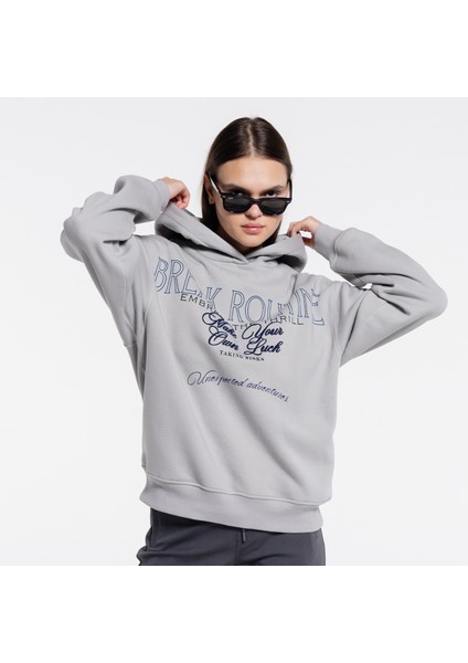 Friday Offset Matt Kadın Açık Gri Ekstra Oversize Kapüşonlu Hoodie Sweatshirt - Şardonlu 3 Iplik