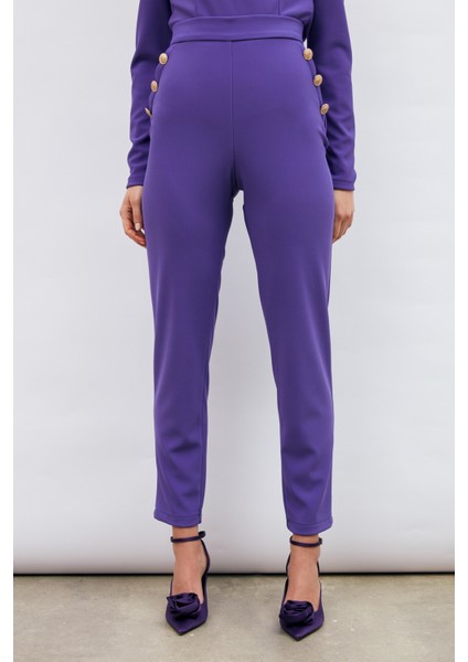 Düğme Detaylı Pantolon - Mor fırsatları