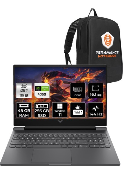 Victus 16 Intel Core i7 13700H 48GB 256GB SSD RTX4050/6GB 16.1" FHD 144Hz W11P Taşınabilir Bilgisayar & PER4 Çanta 7P643EAPN427