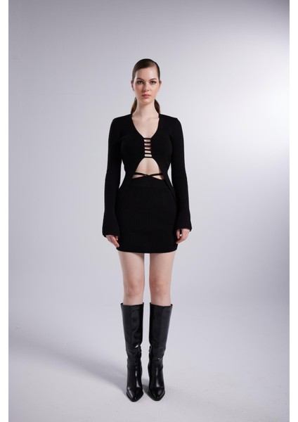 Beli Bağlama Detaylı Fels Triko Mini Etek Siyah