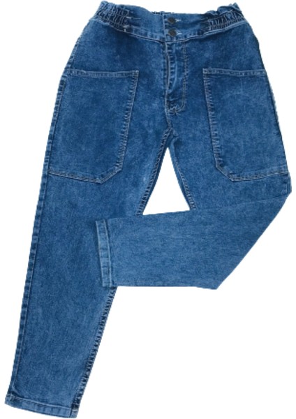 Kız Çocuk Cep Detaylı Beli Lastikli Mavi Kot Pantolon