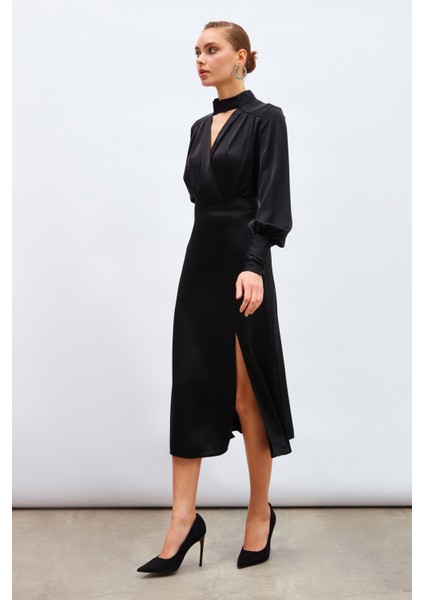 Yırtmaçlı Saten Etek - Siyah modelleri