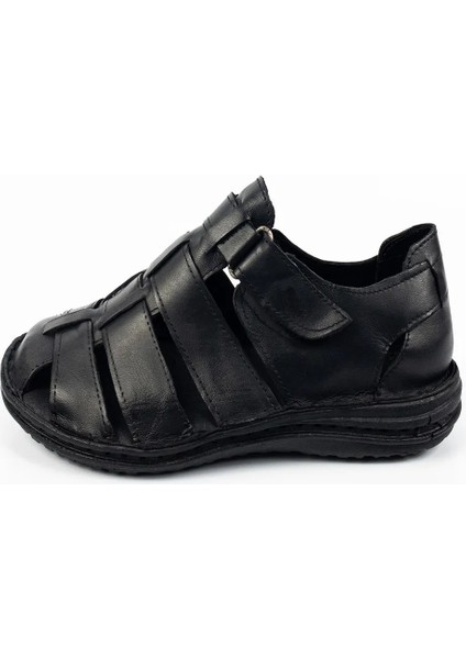 Erkek Siyah Hakiki Deri Ortopedik Sandalet