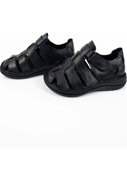 Erkek Siyah Hakiki Deri Ortopedik Sandalet modelleri