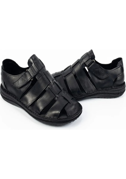 Erkek Siyah Hakiki Deri Ortopedik Sandalet fırsatları