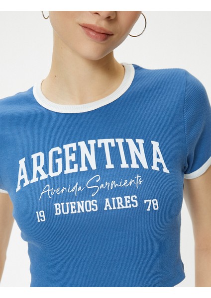 Argentina Crop Tişört Biyeli Baskılı Kısa Kollu Bisiklet Yaka Pamuklu