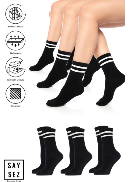 Bambu Unisex Tenis Kolej Çizgili Premium Dikişsiz Soket Çorap 3'lü Paket / Spor - Günlük Kullanım