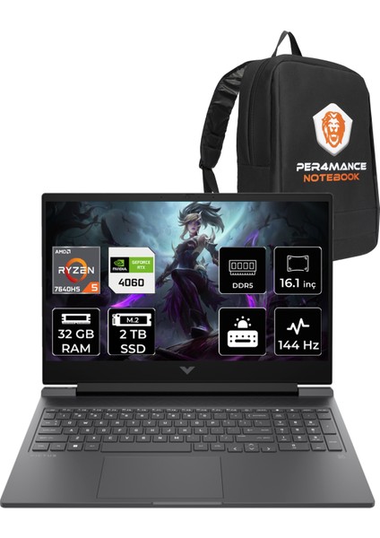 Victus 16 AMD Ryzen 5 7640HS 32GB 2TB SSD RTX4060/8GB 144Hz 16.1" FHD FDOS Taşınabilir Bilgisayar & PER4 Çanta 7Z4M8EAPN322