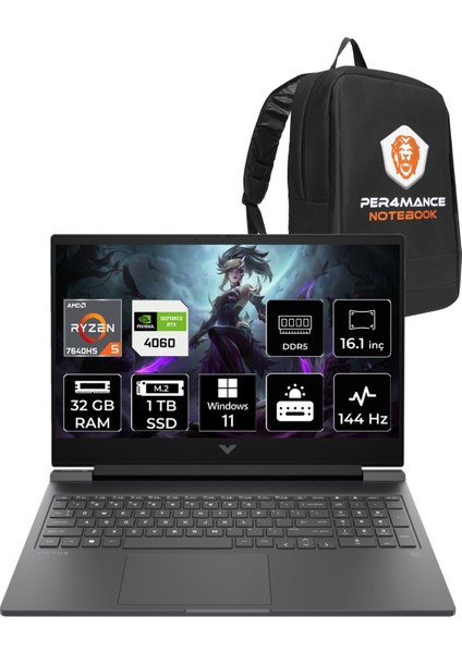 Victus 16 AMD Ryzen 5 7640HS 32GB 1TB SSD RTX4060/8GB 144Hz 16.1" FHD W11P Taşınabilir Bilgisayar & PER4 Çanta 7Z4M8EAPN417