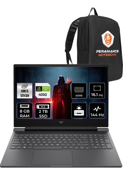 Victus 16 Intel Core i5 13500H 8GB 2TB SSD RTX4050/6GB 144Hz 16.1" FHD FDOS Taşınabilir Bilgisayar & PER4 Çanta 7P6L8EAPN304