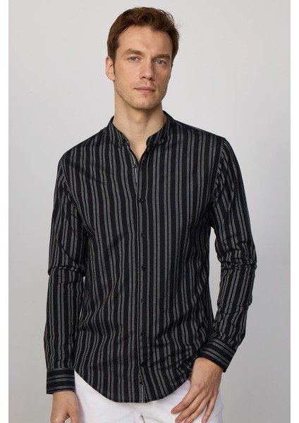 Slim Fit Hakim Yaka Pamuklu Kolay Ütü Çizgili Siyah Erkek Gömlek