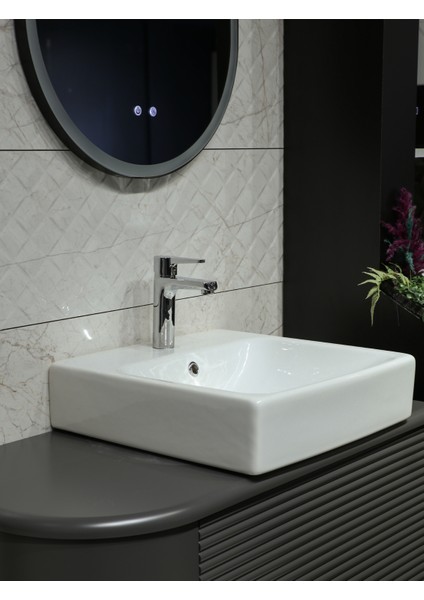 Nora S Lavabo Bataryası + Tezgah Üstü Çanak Lavabo 50 cm Beyaz (Batarya Dahil)