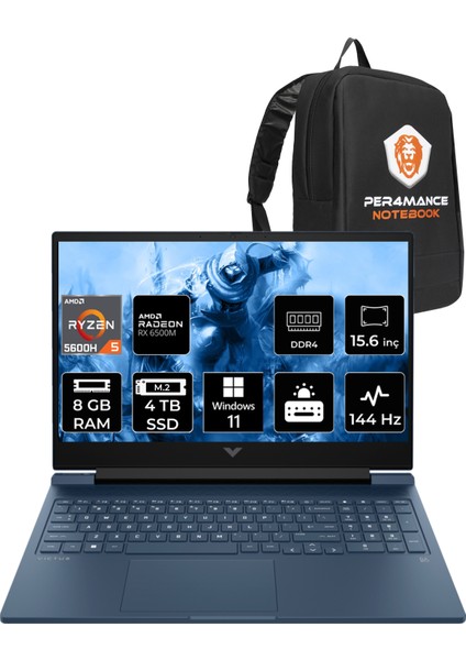 Victus 15 AMD Ryzen 5 5600H 8GB 2TB SSD + 2TB SSD RX6500M 144Hz 15.6'' FHD W11H Taşınabilir Bilgisayar & PER4 Çanta 7N9G7EAPN374