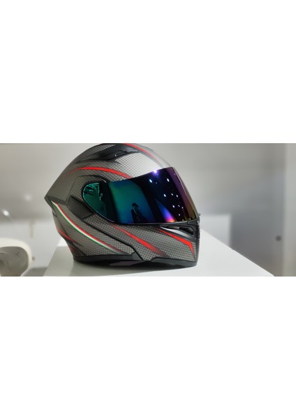 JK902 Güneş Vizörlü Çene Pedli Çene Açılır Karbon Desen Kask(Aynalı Camlı)