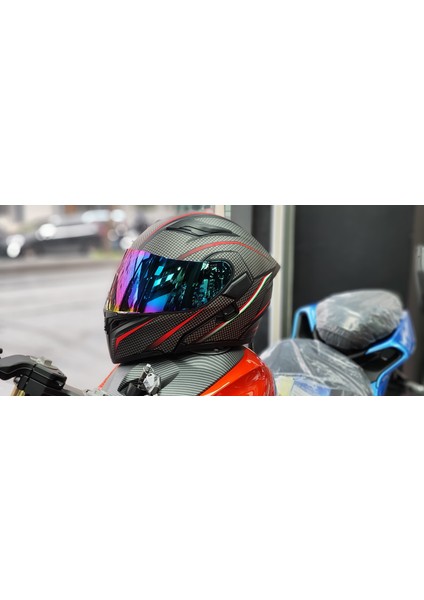 JK902 Güneş Vizörlü Çene Pedli Çene Açılır Karbon Desen Kask(Aynalı Camlı)