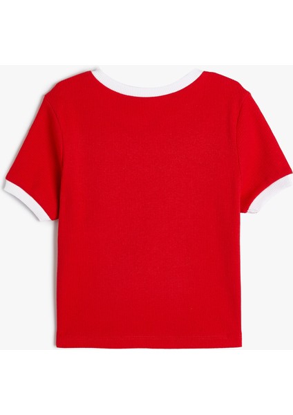 Crop Tişört Kısa Kollu Bisiklet Yaka Pullu Slogan Baskılı Pamuklu fiyatları