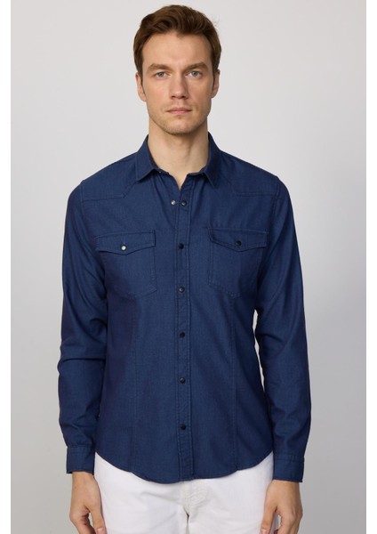 Slim Fit Gündelik Denim Lacivert Erkek Gömlek modelleri
