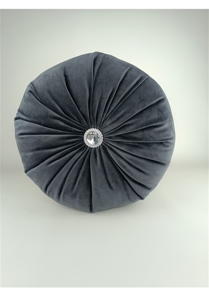Lux Kadife Yuvarlak Taşlı Yastık Antrasit