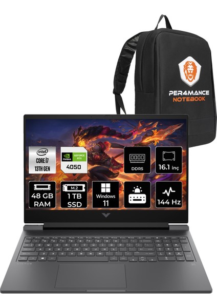 Victus 16 Intel Core i7 13700H 48GB 1TB SSD RTX4050/6GB 16.1" FHD 144Hz W11H Taşınabilir Bilgisayar & PER4 Çanta 7P643EAPN381