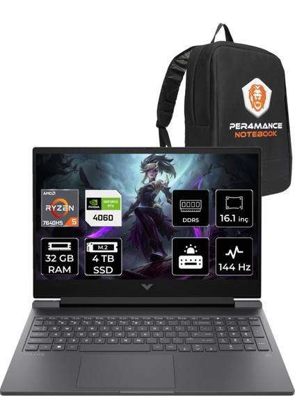 Victus 16 AMD Ryzen 5 7640HS 32GB 4TB SSD RTX4060/8GB 144Hz 16.1" FHD FDOS Taşınabilir Bilgisayar & PER4 Çanta 7Z4M8EAPN324