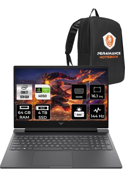 Victus 16 Intel Core i7 13700H 64GB 2TB SSD + 2TB SSD RTX4050/6GB 16.1" FHD 144Hz FDOS Taşınabilir Bilgisayar & PER4 Çanta 7P643EAPN341