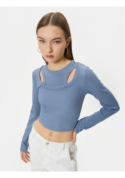 Çift Yaka Detaylı Tişört Uzun Kollu Ribanalı