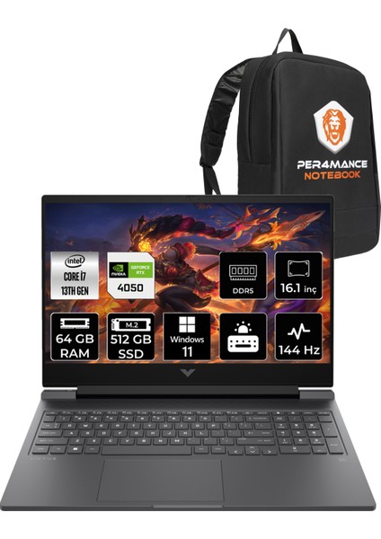 Victus 16 Intel Core i7 13700H 64GB 512GB SSD RTX4050/6GB 16.1" FHD 144Hz W11H Taşınabilir Bilgisayar & PER4 Çanta 7P643EAPN386