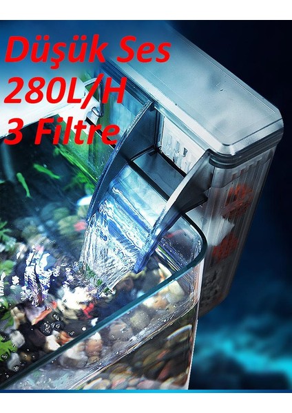 Askılı Şelale Akvaryum Filtre Kafa Motoru Iç Filtre 3W 280L Yüzey Temizleyicili 3 Filtreli modelleri