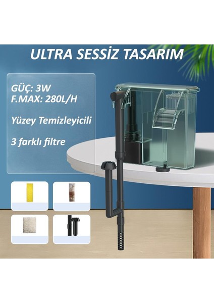 Askılı Şelale Akvaryum Filtre Kafa Motoru Iç Filtre 3W 280L Yüzey Temizleyicili 3 Filtreli indirimleri