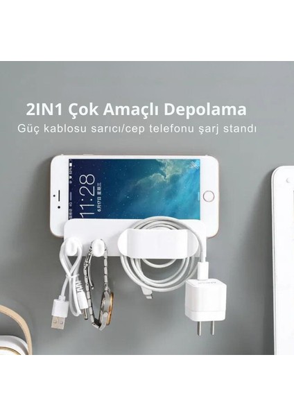 2 Adet -Duvar Tipi Küçük, Telefon, Tablet Şarj Standı, Yapışkanlı Kablo Düzenleyici, Çok Amaçlı Stant