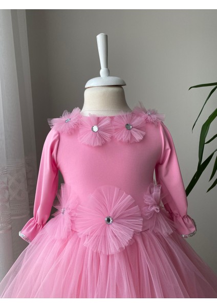 Uzun Kollu Tül Etekli Çocuk Abiye Elbise