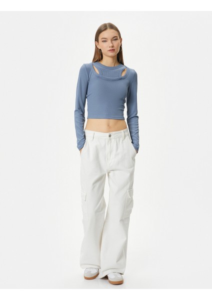 Çift Yaka Detaylı Tişört Uzun Kollu Ribanalı fiyatları