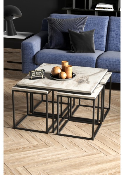 Orta ve Zigon Sehpa Seti – Suntalam Üst, Metal Ayaklı, Beyaz-Siyah, 72x72x41 cm