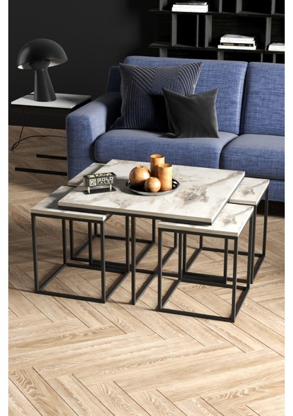 Orta ve Zigon Sehpa Seti – Suntalam Üst, Metal Ayaklı, Beyaz-Siyah, 72x72x41 cm fiyatları