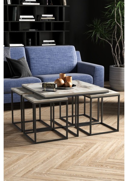 Orta ve Zigon Sehpa Seti – Suntalam Üst, Metal Ayaklı, Beyaz-Siyah, 72x72x41 cm modelleri