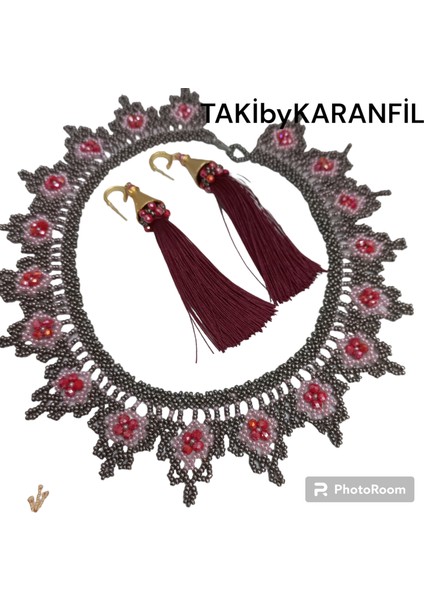 Bordo Ağ Kolye & Küpe Takı Seti