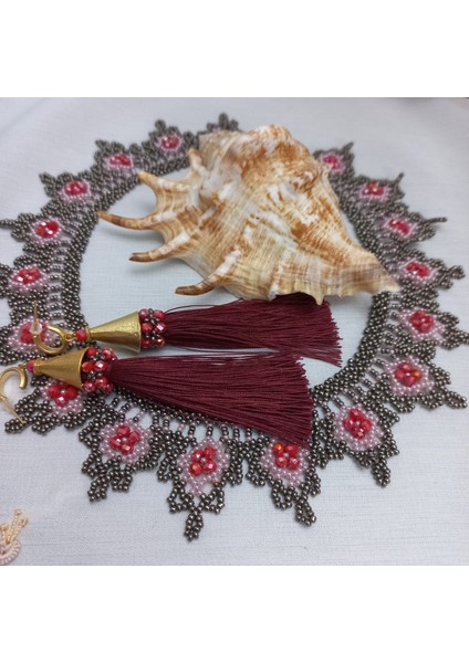 Bordo Ağ Kolye & Küpe Takı Seti