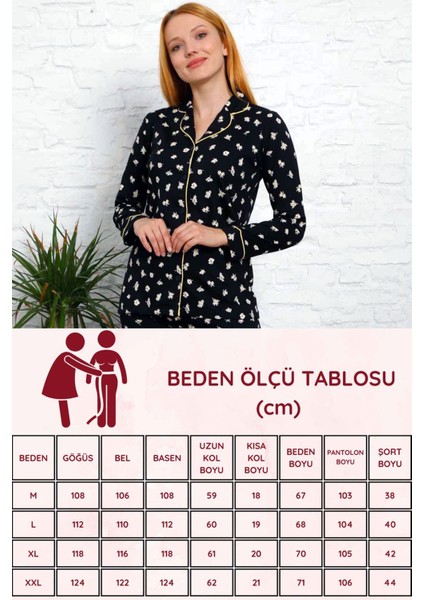 Kadın Siyah Çiçek Desenli Önden Düğmeli Gömlek Yaka Uzun Kollu Likralı Pijama Takımı EDY2599UKL-S indirimleri