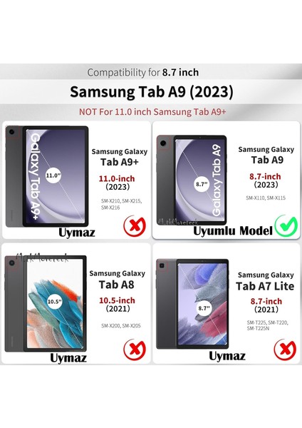 MTK Moveteck Samsung Galaxy A9 8.7 Inç SM-X110 Tablet Kılıfı Akıllı Smart Uyku Modlu Katlanabilir Arkası Renkli Kapaklı Standlı Şeffaf Kılıf SM-X113 X115 X117