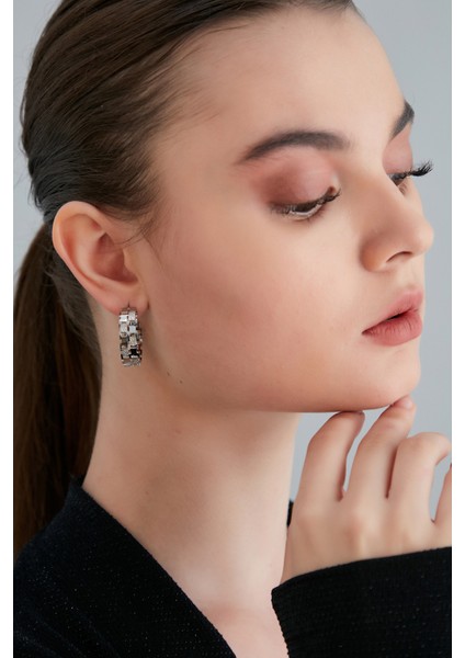 Kadın Magico Cristallo Model Çelik Gümüş Kaplama Kare Desen Halkalı Elbise Kombin Günlük Stil Küpe modelleri