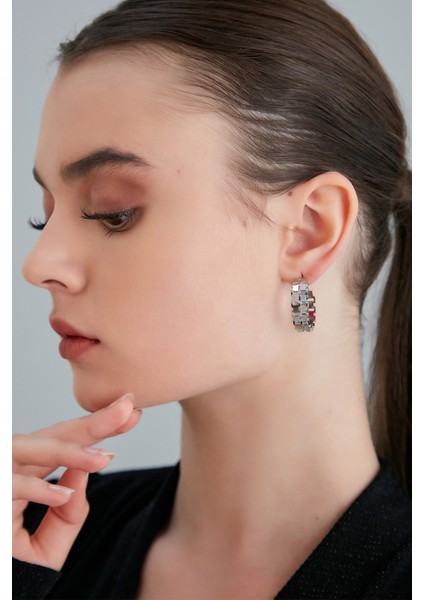 Kadın Magico Cristallo Model Çelik Gümüş Kaplama Kare Desen Halkalı Elbise Kombin Günlük Stil Küpe