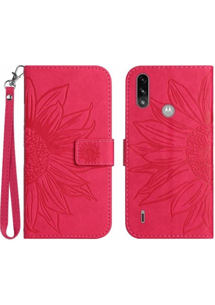 Motorola E7 Güç Kabartmalı Ayçiçeği Kısa Kayış Lüks Pu ile Kılıf (Yurt Dışından)