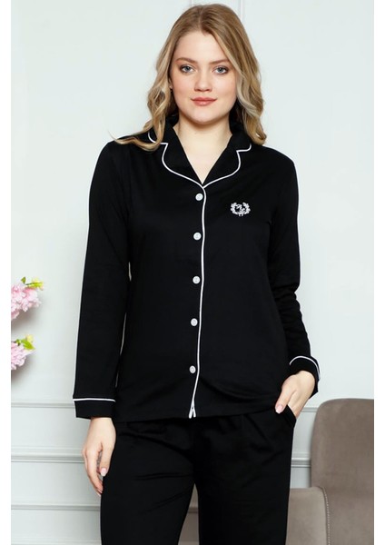 Kadın Siyah Önden Düğmeli Gömlek Yaka Uzun Kollu Likralı Pijama Takımı EDY2577UKL-S fırsatları