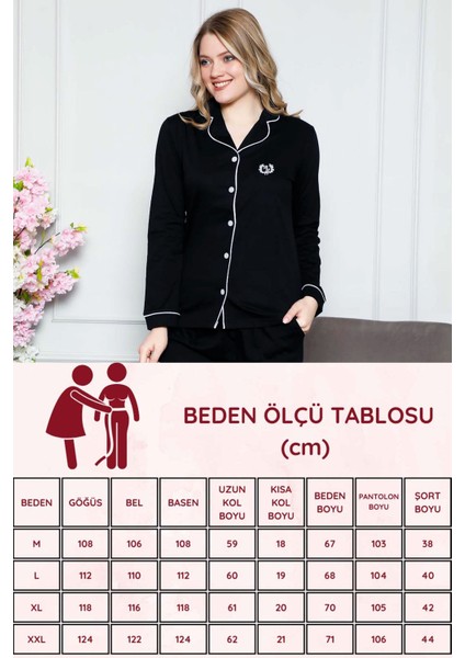 Kadın Siyah Önden Düğmeli Gömlek Yaka Uzun Kollu Likralı Pijama Takımı EDY2577UKL-S indirimleri